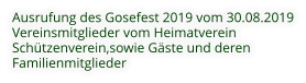 Ausrufung des Gosefest 2019 vom 30.08.2019 Vereinsmitglieder vom Heimatverein Schützenverein,sowie Gäste und deren Familienmitglieder