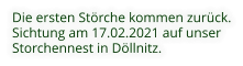 Die ersten Störche kommen zurück. Sichtung am 17.02.2021 auf unser Storchennest in Döllnitz.