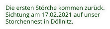 Die ersten Störche kommen zurück. Sichtung am 17.02.2021 auf unser Storchennest in Döllnitz.