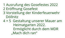 1 Ausrufung des Gosefestes 2022 2 Eröffnung Gosefest  3 Vorstellung der Kinderfeuerwehr    Döllnitz 4 + 5  Gestaltung unserer Mauer am            Heimatgarten 2022.            Ermöglicht durch dem MDR          „Mach dich ran“